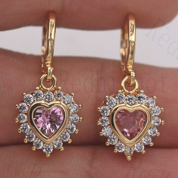 18kt Gold Filled Pink Topaz Heart Earrings - Picture 1 of 4